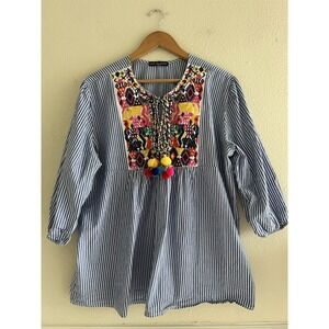 Kim & Cami Embroidered Pom Pom Striped Blue Top Size XL Boho Festival